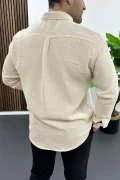 Erkek Müslin Kumaş Pamuklu Gömlek Krem Edw488