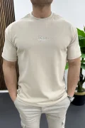 Erkek Kabartma Baskılı Slogan Tişört Krem Edw490