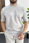 Erkek Kabartma Baskılı Çizgi Detaylı Tişört Gri Edw486
