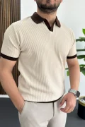 Erkek Yaka Renkli Tişört Krem Edw496