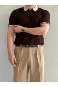 Erkek Şerit Detaylı Polo Yaka Tişört Kahverengi Edw497