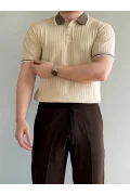 Erkek Şerit Detaylı Polo Yaka Tişört Krem Edw497