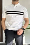 Erkek Açık Yaka Çizgli Tişört Beyaz Edw236