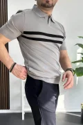Erkek Açık Yaka Çizgli Tişört Gri Edw236
