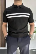 Erkek Açık Yaka Çizgli Tişört Siyah Edw236