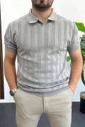 Erkek Açık Yaka Desenli Tişört Gri Edw385