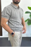 Erkek Açık Yaka Desenli Tişört Gri Edw385