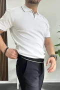 Erkek Açık Yaka Şerit Detaylı Tişört Beyaz Edw235