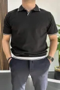 Erkek Açık Yaka Şerit Detaylı Tişört Siyah Edw235