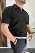 Erkek Açık Yaka Şerit Detaylı Tişört Siyah Edw235