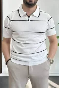 Erkek Açık Yaka Yan Çizgili Tişört Beyaz Edw259