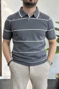 Erkek Açık Yaka Yan Çizgili Tişört Füme Edw259