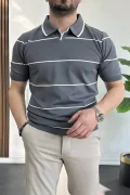 Erkek Açık Yaka Yan Çizgili Tişört Füme Edw259
