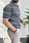 Erkek Açık Yaka Yan Çizgili Tişört Füme Edw259