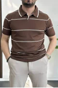 Erkek Açık Yaka Yan Çizgili Tişört Kahverengi Edw259