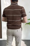 Erkek Açık Yaka Yan Çizgili Tişört Kahverengi Edw259