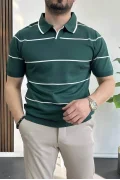Erkek Açık Yaka Yan Çizgili Tişört Koyu Yeşil Edw259