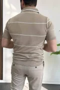 Erkek Açık Yaka Yan Çizgili Tişört Vizon Edw259