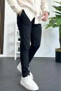 Erkek Beli Düğmeli Pamuklu Dar Kalıp Pantolon Siyah Edw364