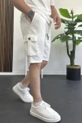 Erkek Beli Lastikli Cepli Şort Beyaz Edw388