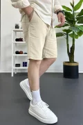 Erkek Beli Lastikli Keten Kumaş Şort Krem Edw370