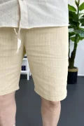 Erkek Beli Lastikli Keten Kumaş Şort Krem Edw370