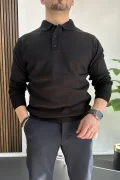 Erkek Düğmeli Polo Yaka Kazak Siyah Edw231