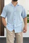 Erkek Gofre Kumaş Kısa Kollu Gömlek Açık Mavi Edw109