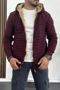 Erkek İçi Kürklü Kapüşonlu Fermuarlı Triko Hırka Bordo T743