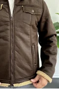 Erkek İçi Kürklü Suni Pul Deri Mont Kahverengi Edw120