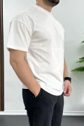 Erkek Oversize %100 Pamuk Nefes Alan Basic T-shirt Ekru Edw038