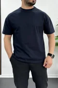Erkek Oversize %100 Pamuk Nefes Alan Basic T-shirt Lacivert Edw038