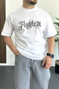 Erkek Oversize Ön ve Arka Kabartmalı Fighter Baskılı Tişört Beyaz Edw367