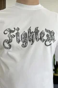 Erkek Oversize Ön ve Arka Kabartmalı Fighter Baskılı Tişört Beyaz Edw367