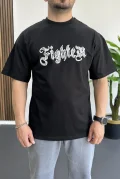 Erkek Oversize Ön ve Arka Kabartmalı Fighter Baskılı Tişört Siyah Edw367