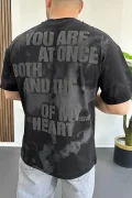 Erkek Oversize Ön ve Arka Kabartmalı Slogan Baskılı Tişört Siyah Edw368