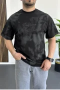 Erkek Oversize Ön ve Arka Kabartmalı Slogan Baskılı Tişört Siyah Edw368