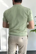 Erkek Polo Yaka Fermuarlı Desenli Tişört Açık Yeşil Edw262