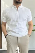 Erkek Polo Yaka Fermuarlı Desenli Tişört Beyaz Edw262