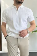Erkek Polo Yaka Fermuarlı Desenli Tişört Beyaz Edw262