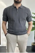 Erkek Polo Yaka Fermuarlı Desenli Tişört Füme Edw262