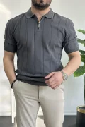 Erkek Polo Yaka Fermuarlı Desenli Tişört Füme Edw262