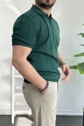 Erkek Polo Yaka Fermuarlı Desenli Tişört Koyu Yeşil Edw262