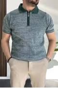 Erkek Polo Yaka Fermuarlı Renk Desenli Tişört Yeşil Edw263