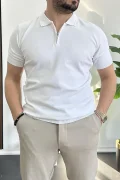 Erkek Polo Yaka Polo Yaka Fermuarlı Düz Tişört Beyaz Edw261