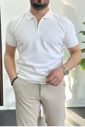 Erkek Polo Yaka Polo Yaka Fermuarlı Düz Tişört Beyaz Edw261