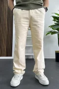 Erkek Rahat Kalıp Keten Pantolon Krem Edw266