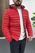 Erkek Slim Fit Kapüşonlu Şişme Mont Kırmızı Edw435