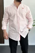 Erkek Slim Fit Keten Görünümlü Pamuklu Hakim Yaka Gömlek Pembe Edw087