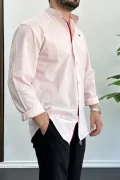 Erkek Slim Fit Keten Görünümlü Pamuklu Hakim Yaka Gömlek Pembe Edw087